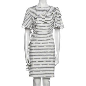 WHIT striped dots Linen Shift Dress flutter sleeves tie accent crew neck